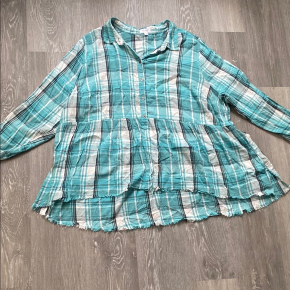True Craft Tops - True Craft Teal and Black Flannel Shirt with Raw Hem, Size 4X